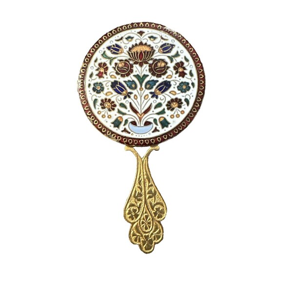 Vintage Enamel Cloisonné Flower Hand Mirror Gold Gilt Frame & Handle 4.75” Tall - Picture 3 of 5
